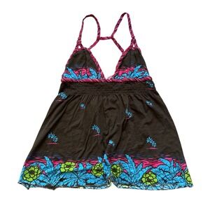 Free People Black Floral Halter Babydoll Top with Pink & Blue Accents